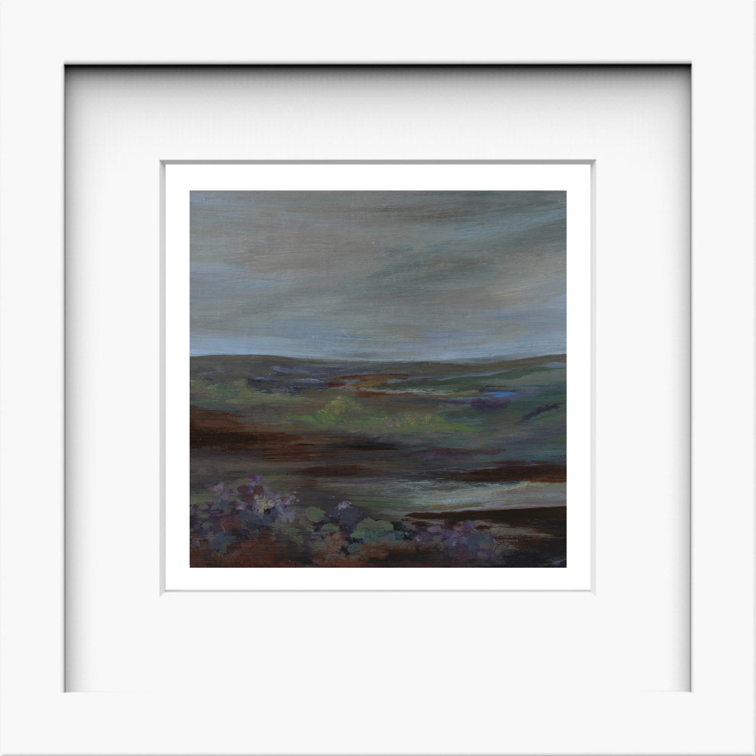 Yorkshire Moors, Wuthering Heights Inspired Landscape Painting - Original 6x6 Inch - Framed 13 x 13 inch. Art by Caitlin Eve