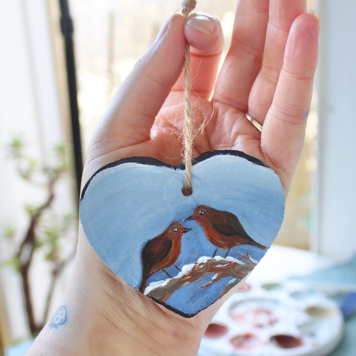 Robin Ornament - Hand-Painted slate heart decoration.