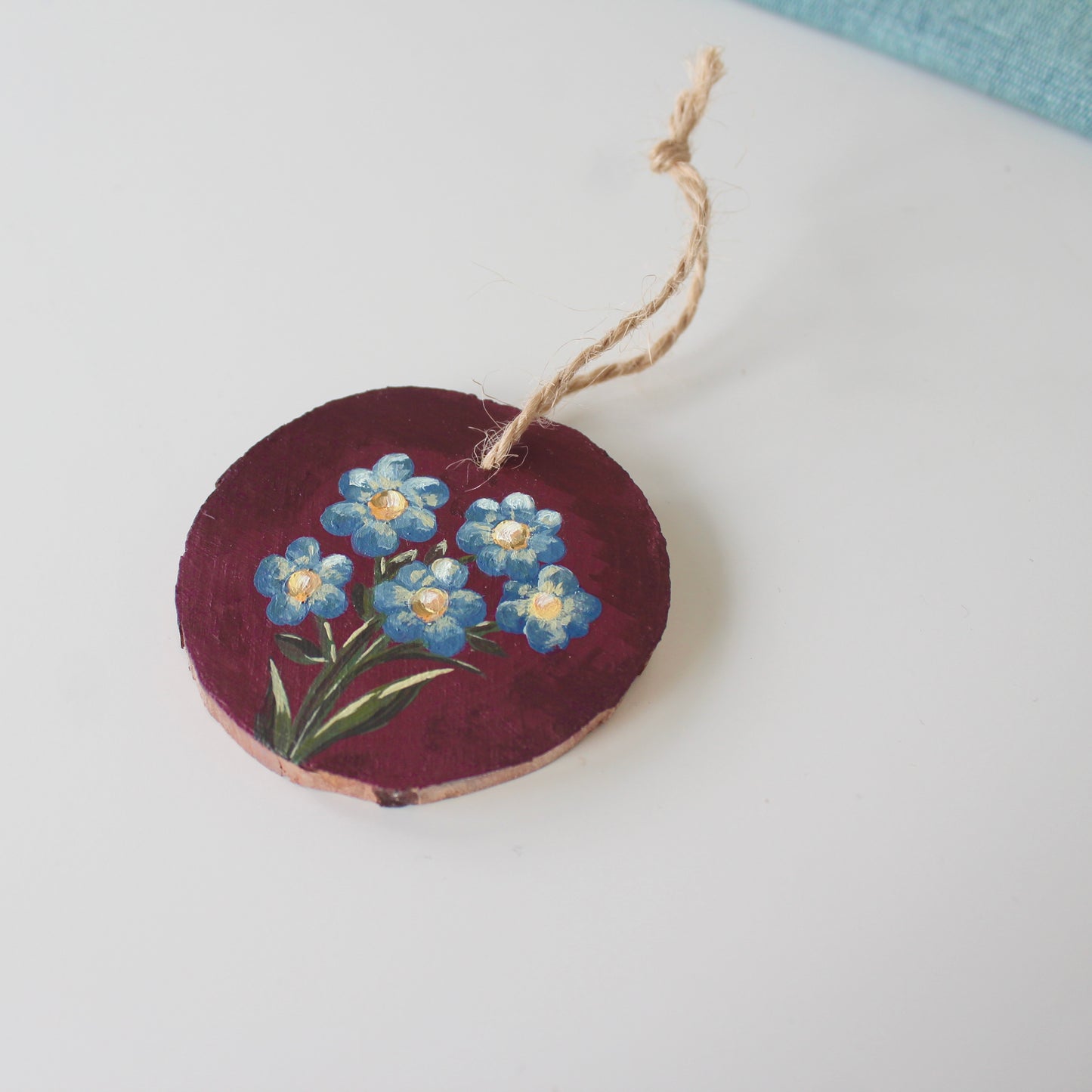 Small Wooden Forget Me Not Flowers Hanging ornament, floral wood slice painting.