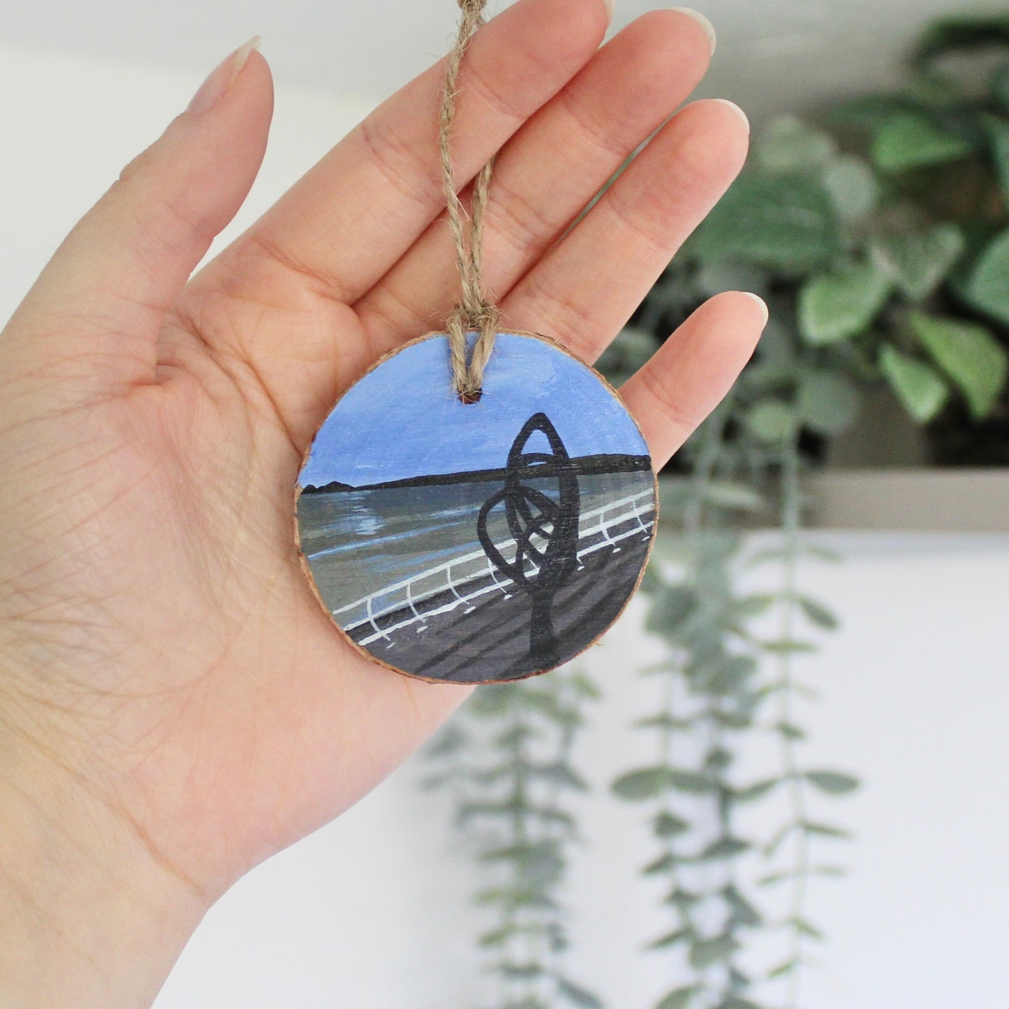 Aberavon Beach with Kite Sculpture Painting on Wood Slice, Hand-Painted Welsh Art, Unique Port Talbot Gift