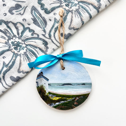 Worms Head, view from Rhossili Old Rectory. Hand painted wooden decoration.