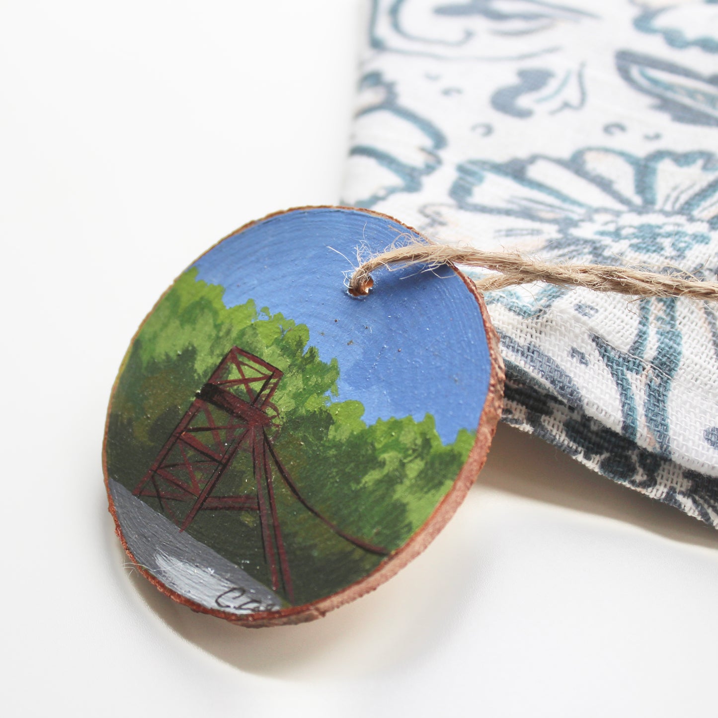 Hand-Painted Colliery Wheel on Rustic Wood Slice with Twine. Mining Art from Wales, Unique Welsh Gift