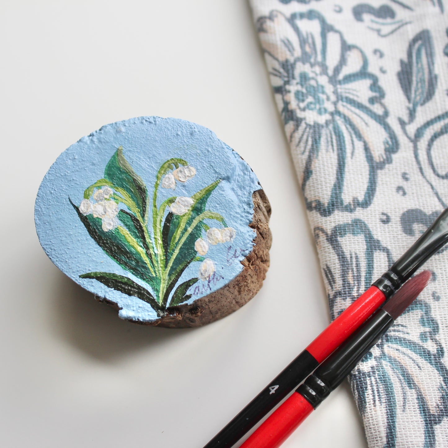 Lily of the Valley Hand-Painted on Free-Standing Wood Slice. Original Art for Shelf or Desk Decor, Unique Gift