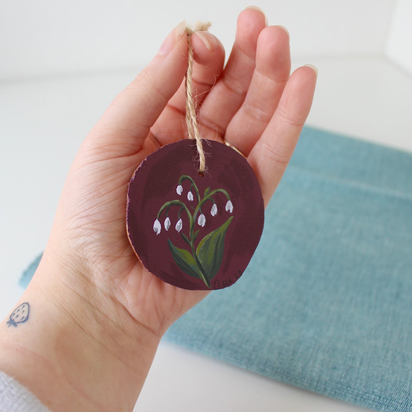 Rustic Wooden Lilly of the Valley Hanging Decor, a Winter Red Christmas Ornament, floral wood slice.