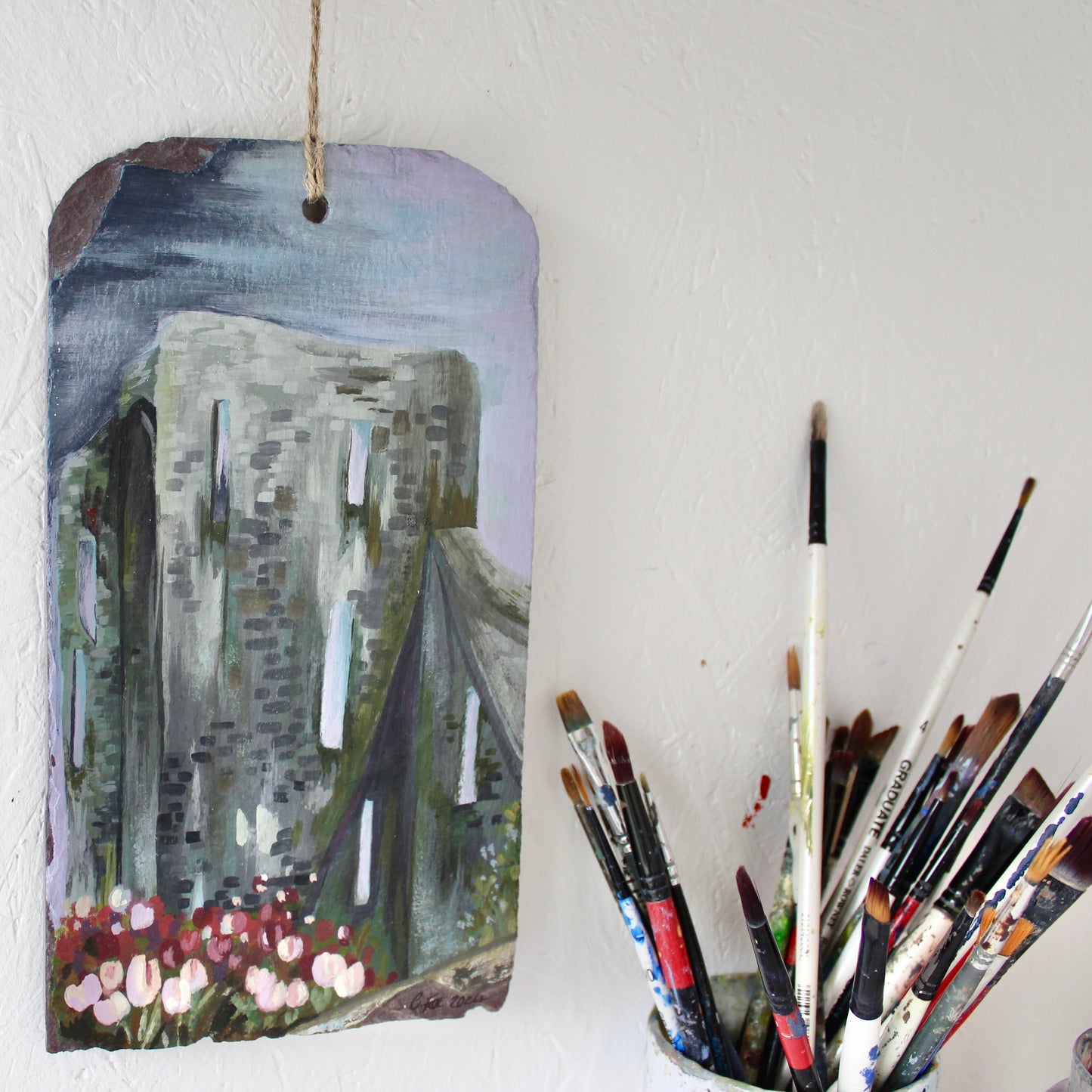 Neath Castle Original Painting – Hand-Painted Acrylic Art on natural Welsh Slate