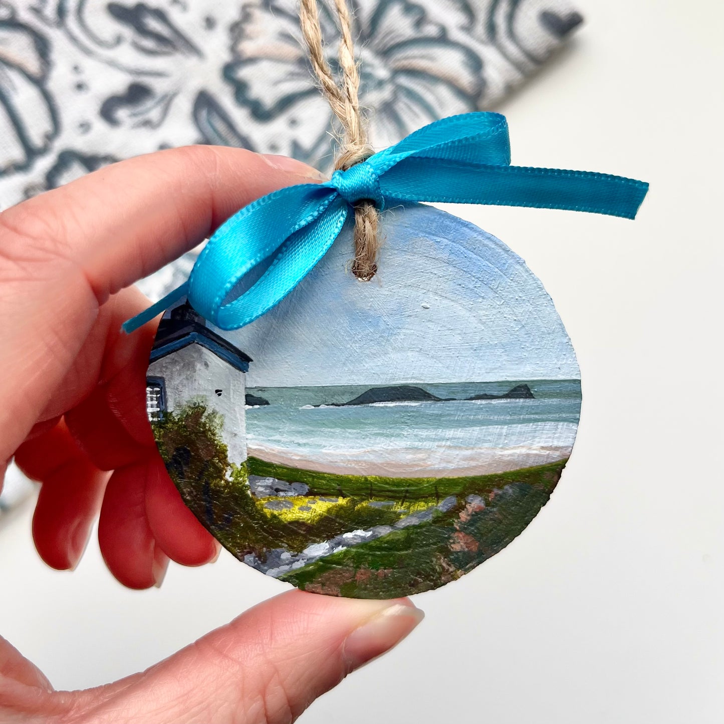 Worms Head, view from Rhossili Old Rectory. Hand painted wooden decoration.