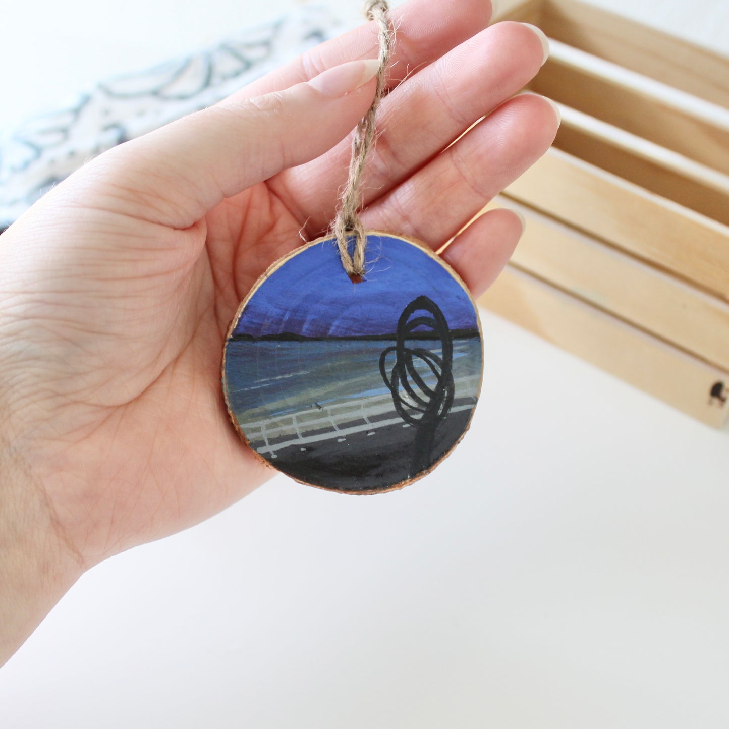 Port Talbot's Aberavon Beach and Kite Sculpture, Hand-Painted Wood Slice Art, Unique Welsh Coastal Gift