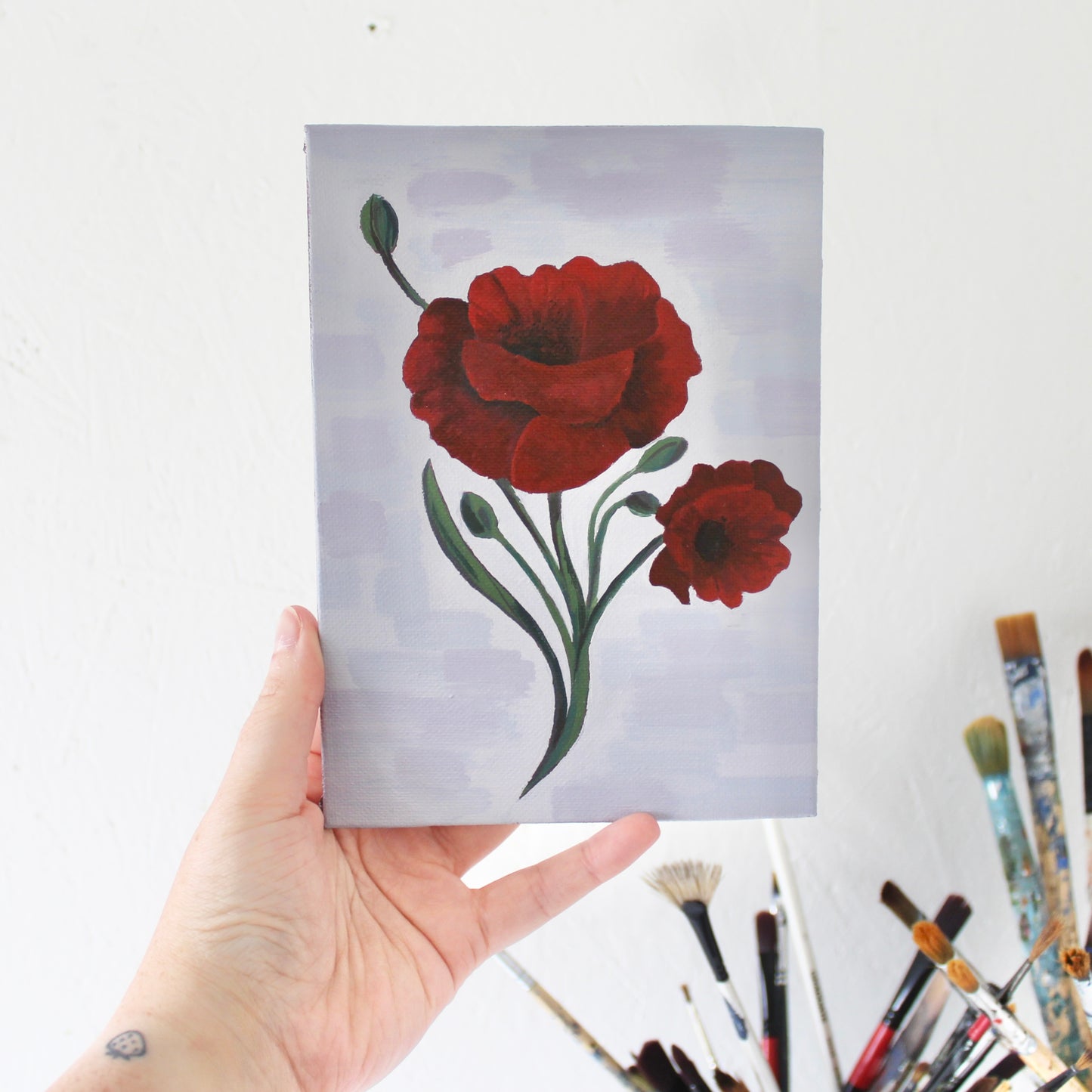 Red Poppy, August birth flower. Original acrylic painting on canvas board, 5x7"