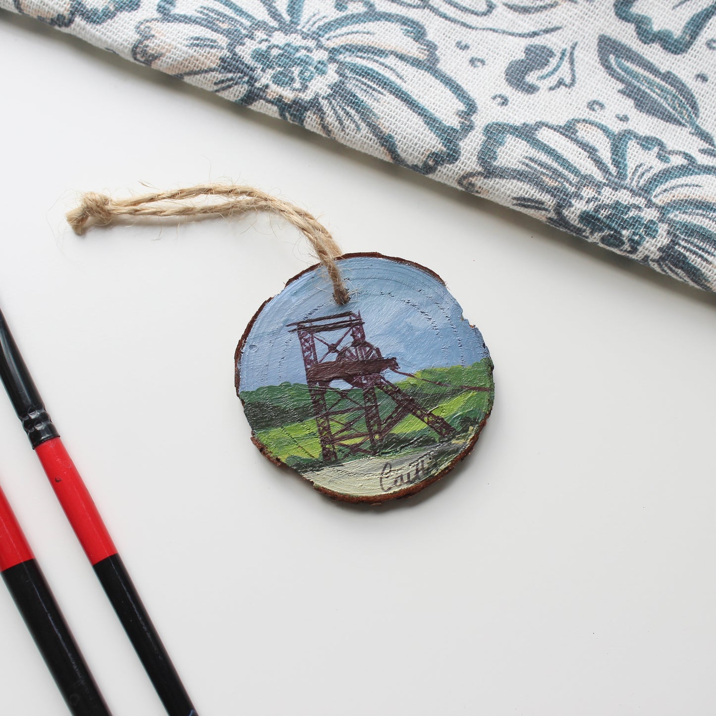 Rustic Colliery Wheel Wood Slice Painting with Twine. Hand-Painted Mining Art, Unique Welsh Gift