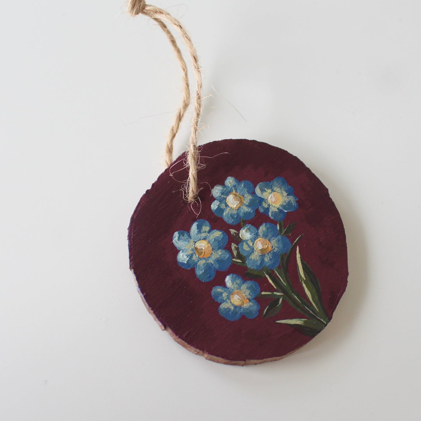 Small Wooden Forget Me Not Flowers Hanging ornament, floral wood slice painting.