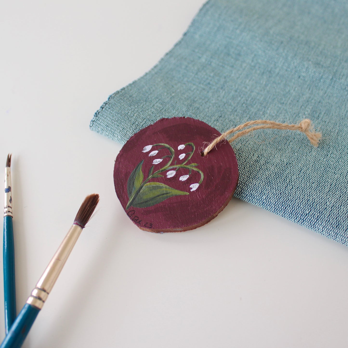 Rustic Wooden Lilly of the Valley Hanging Decor, a Winter Red Christmas Ornament, floral wood slice.