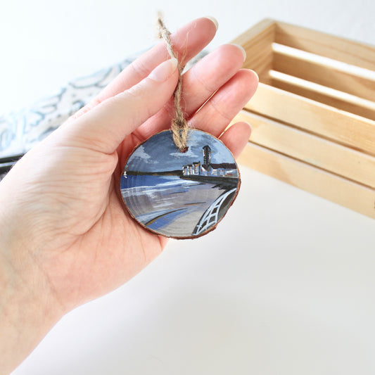 Swansea Beach with Meridian Tower Painting on Wood Slice, Handcrafted Welsh Coastal Art decoration