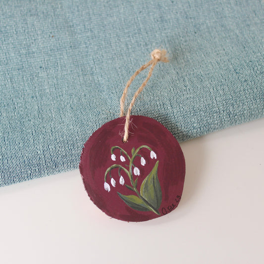 Rustic Wooden Lilly of the Valley Hanging Decor, a Winter Red Christmas Ornament, floral wood slice.