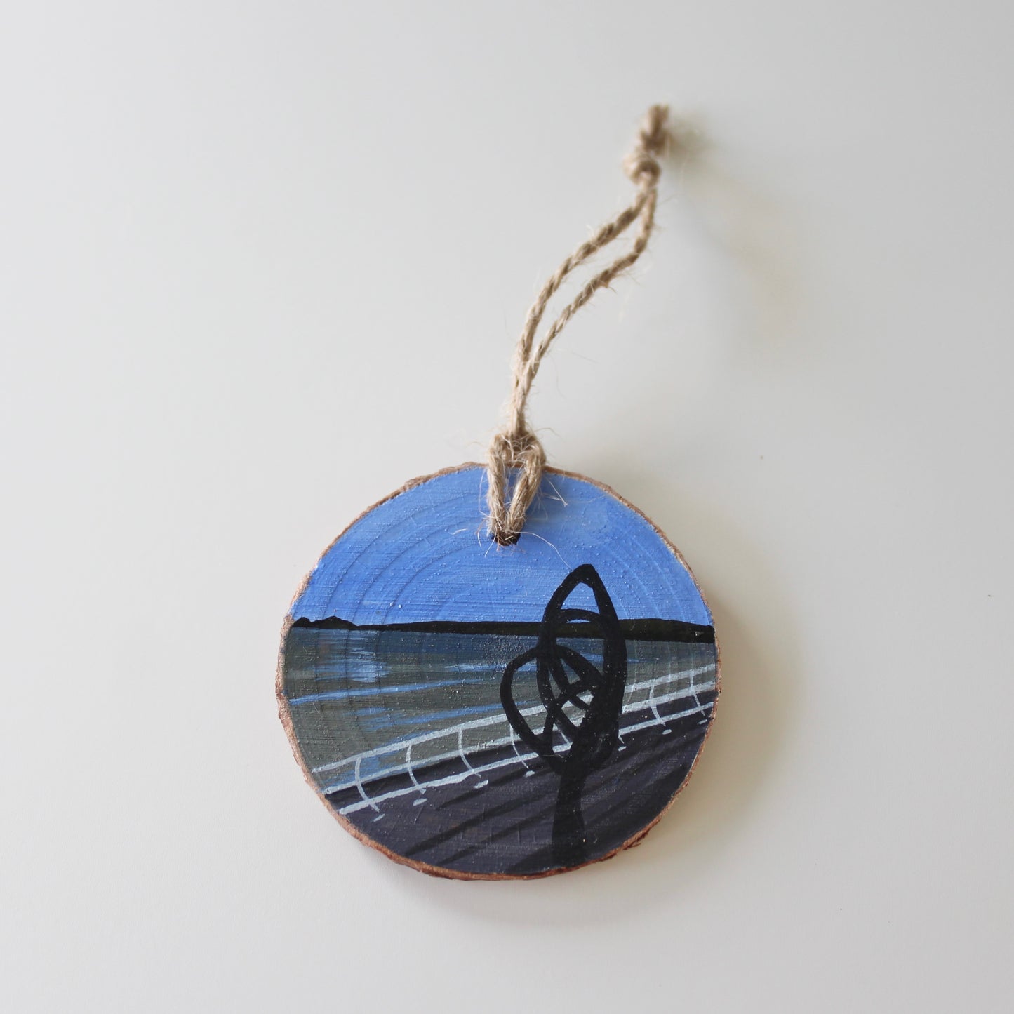 Aberavon Beach with Kite Sculpture Painting on Wood Slice, Hand-Painted Welsh Art, Unique Port Talbot Gift