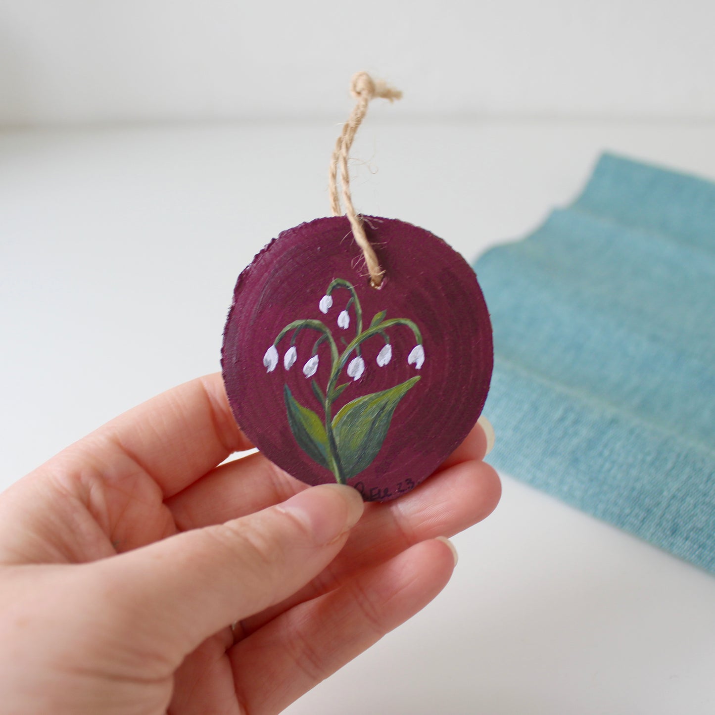 Rustic Wooden Lilly of the Valley Hanging Decor, a Winter Red Christmas Ornament, floral wood slice.