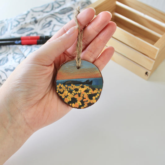 Sunset Over Rhossili Sunflowers, Hand-Painted Wood Slice with Twine, Rustic Welsh Art Gift