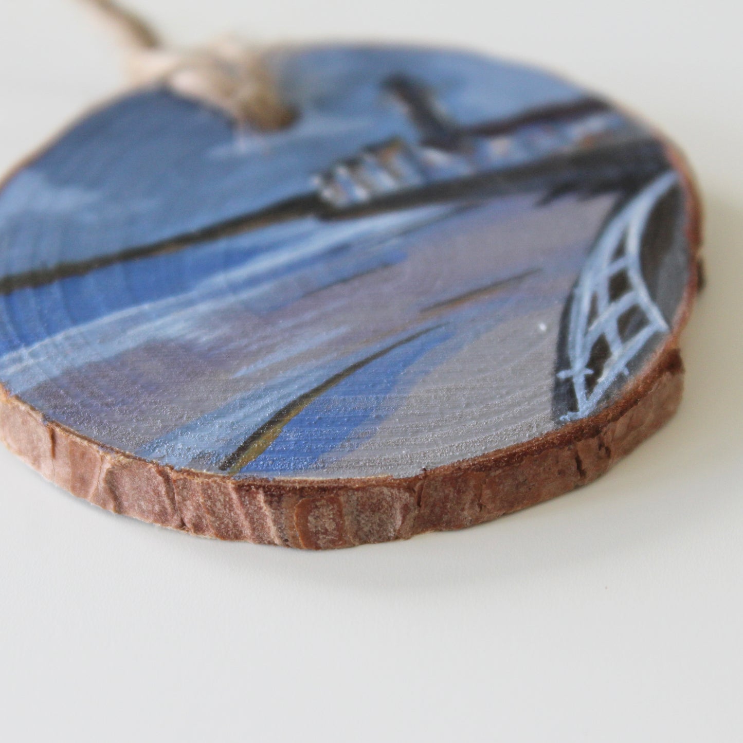 Swansea Beach with Meridian Tower Painting on Wood Slice, Handcrafted Welsh Coastal Art