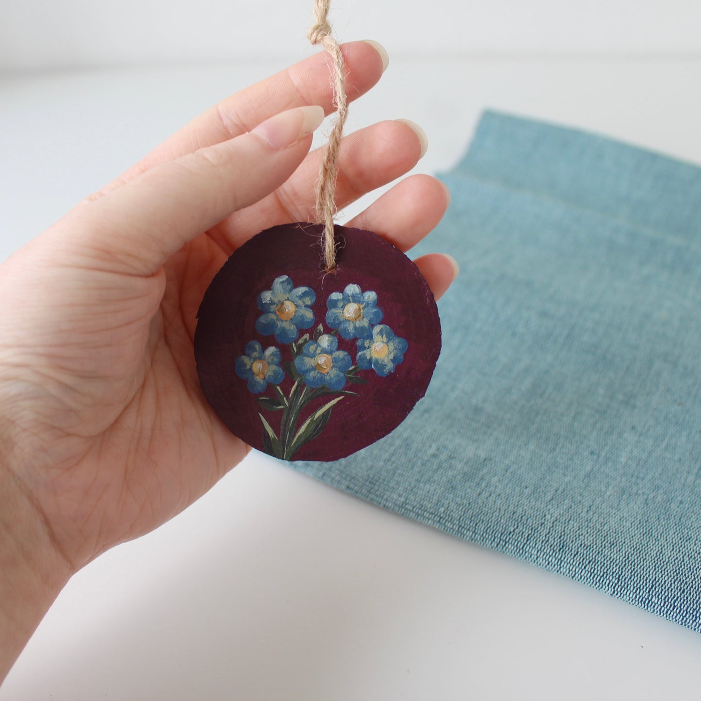 Small Wooden Forget Me Not Flowers Hanging ornament, floral wood slice painting.