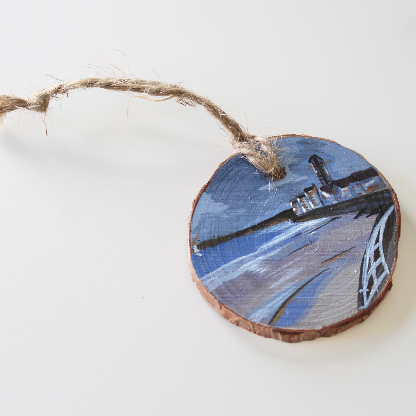 Swansea Beach with Meridian Tower Painting on Wood Slice, Handcrafted Welsh Coastal Art