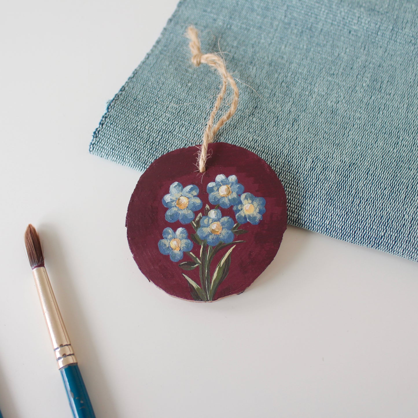 Small Wooden Forget Me Not Flowers Hanging ornament, floral wood slice painting.