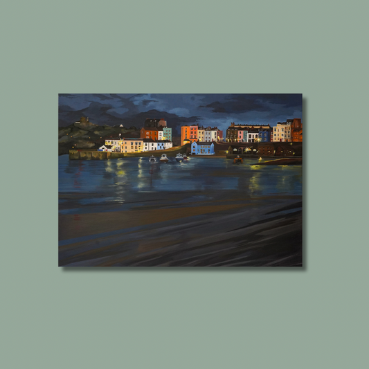 Tenby Harbour, an Autumn Evening. An original framed 90x65 cm acrylic painting on canvas by Welsh artist Caitlin Eve.