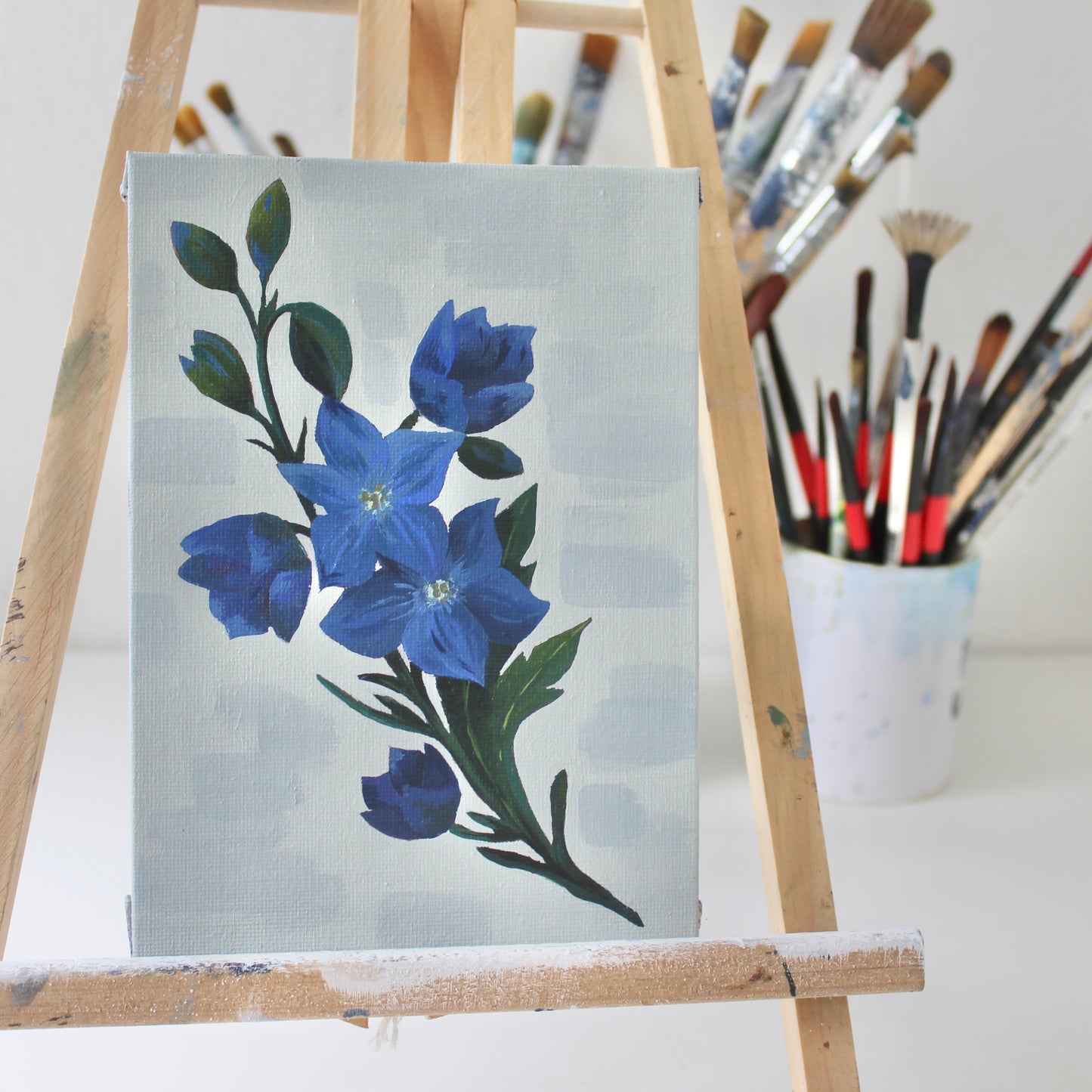 Blue Larkspur flowers, July birth month flower. Original acylic on canvas board.