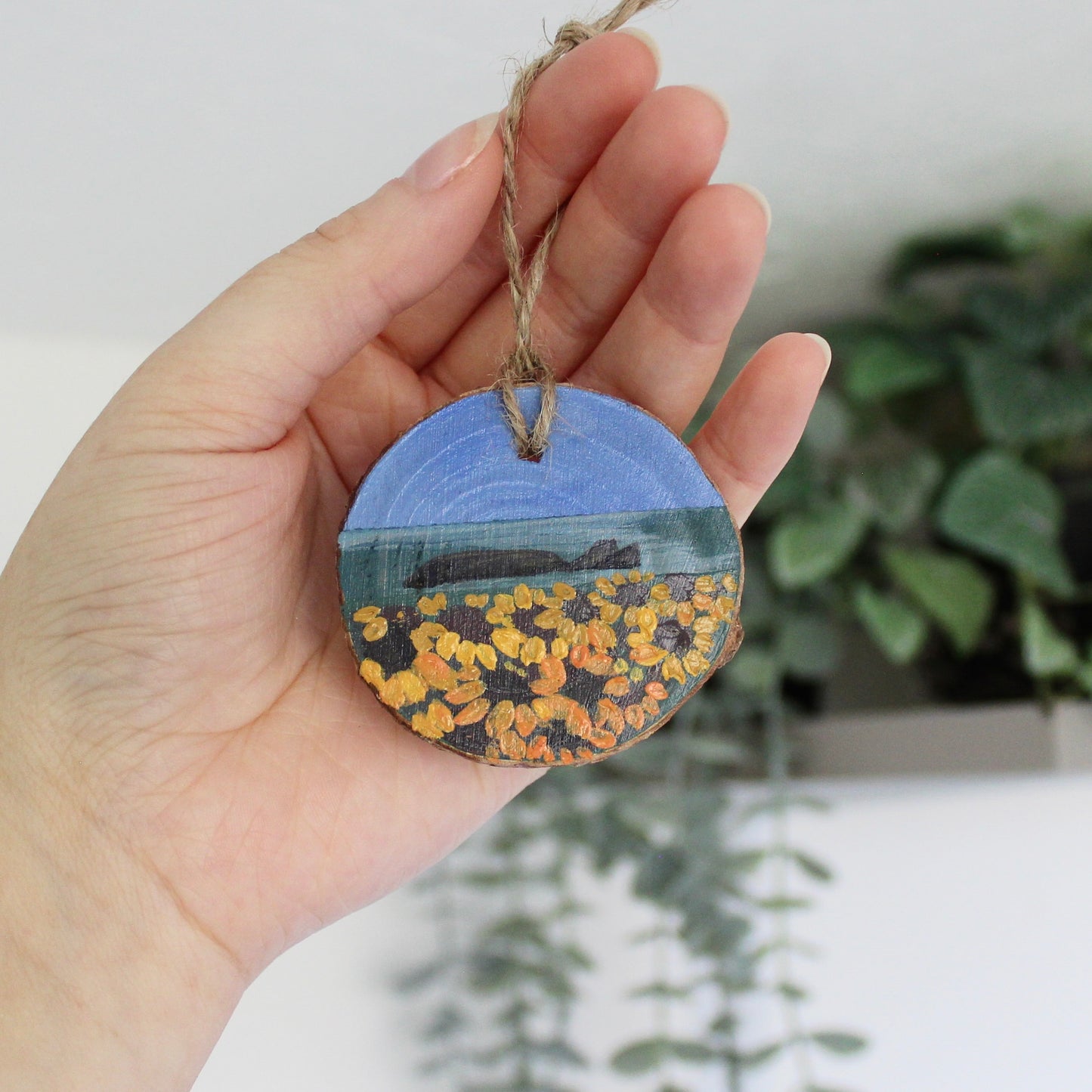 Rhossili Sunflowers Hand-Painted on Wood Slice with Twine - Rustic Welsh Art. Unique Gower Gift