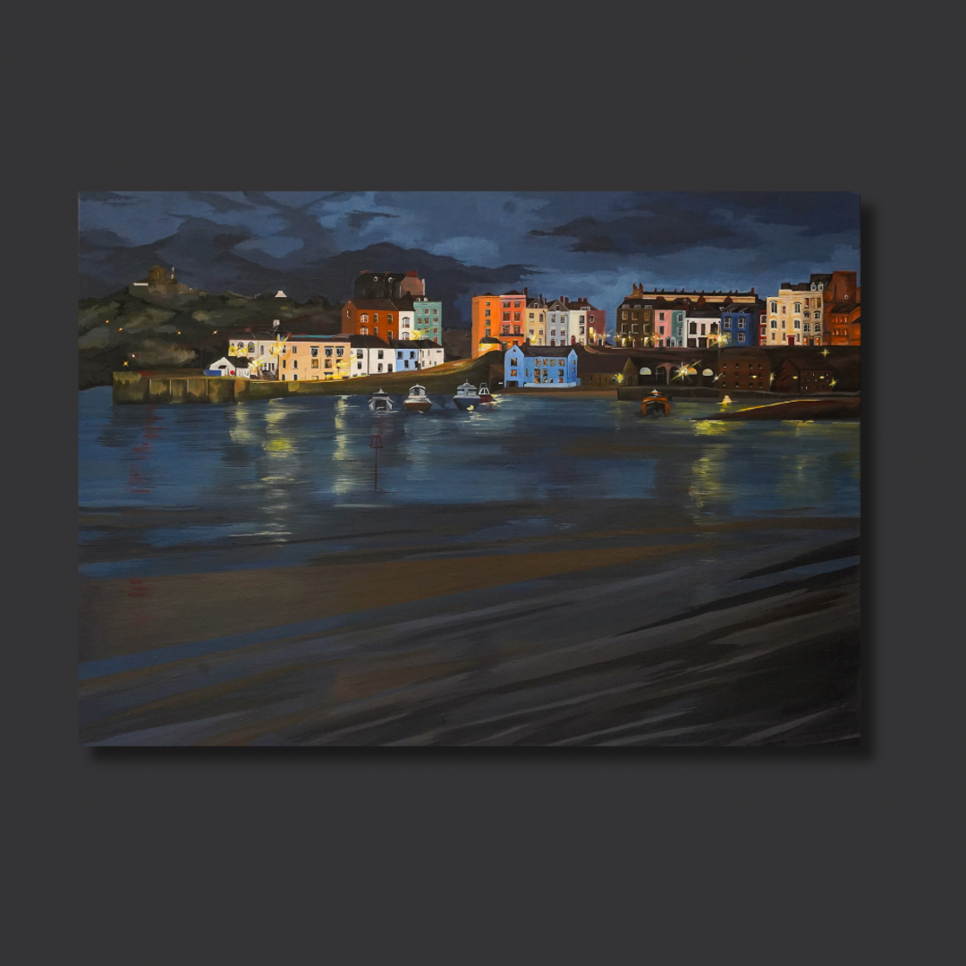 Tenby Harbour, an Autumn Evening. An original framed 90x65 cm acrylic painting on canvas by Welsh artist Caitlin Eve.