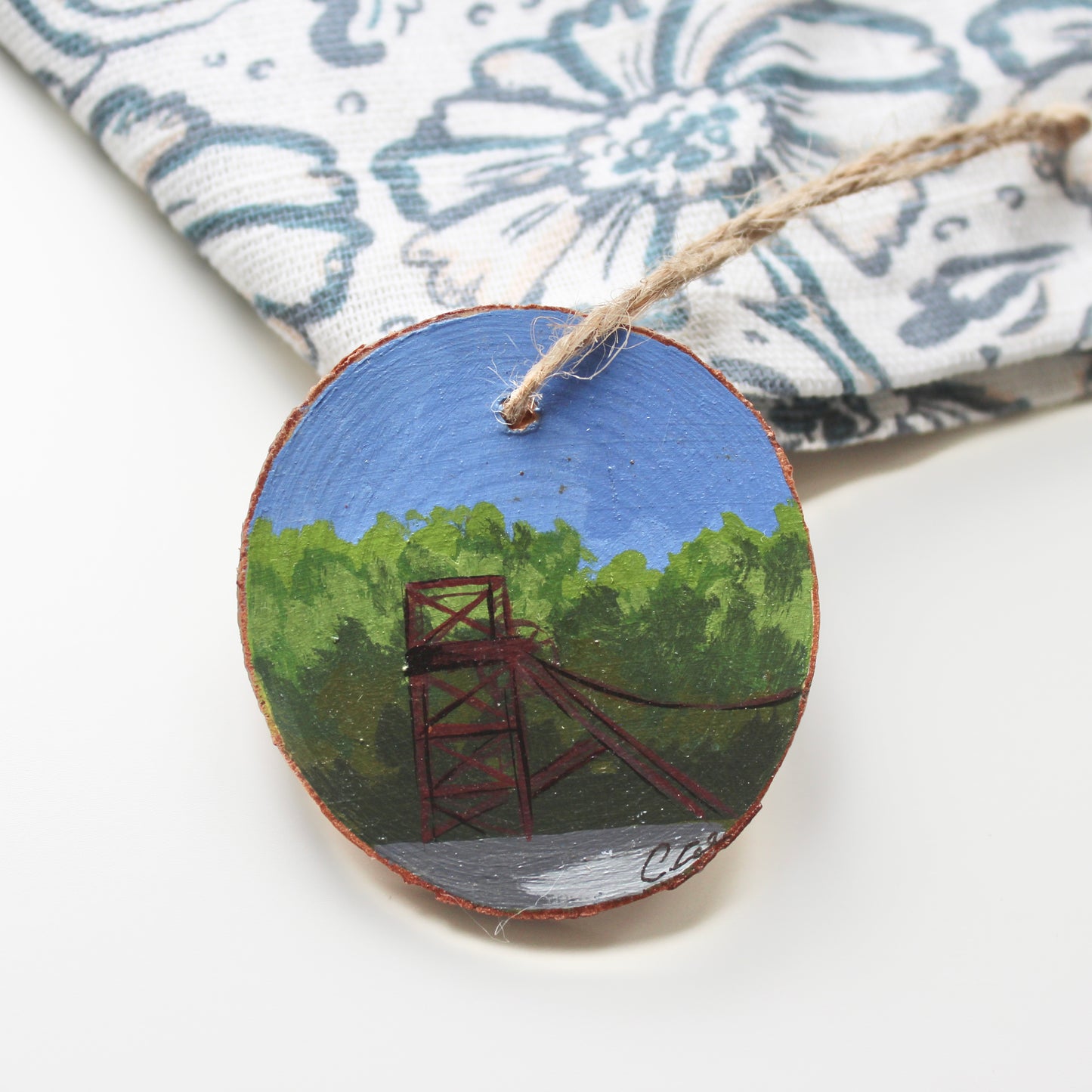 Hand-Painted Colliery Wheel on Rustic Wood Slice with Twine. Mining Art from Wales, Unique Welsh Gift