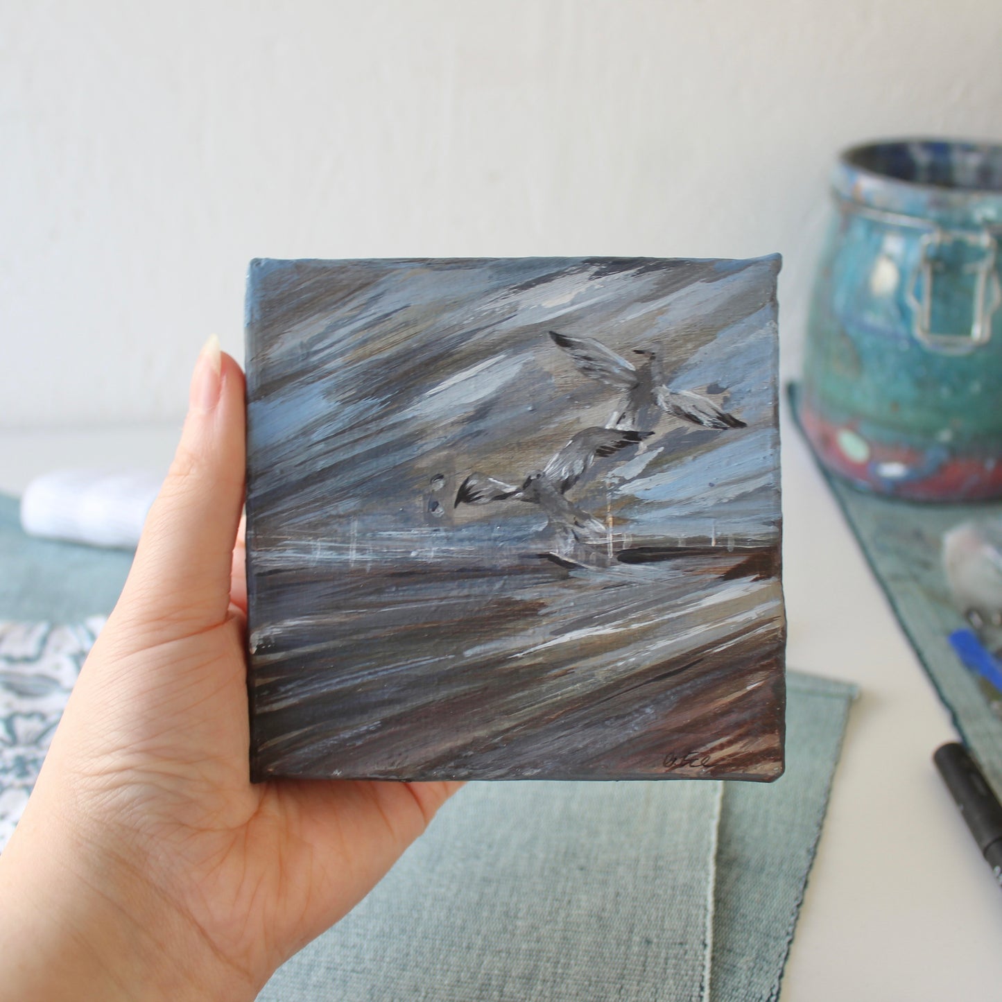 Aberavon beach seagulls, original Welsh beach on canvas.