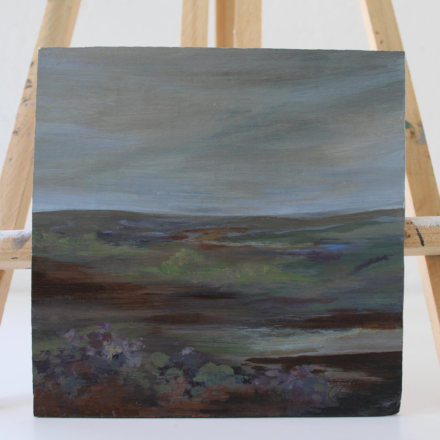 Yorkshire Moors, Wuthering Heights Inspired Landscape Painting - Original 6x6 Inch - Framed 13 x 13 inch. Art by Caitlin Eve