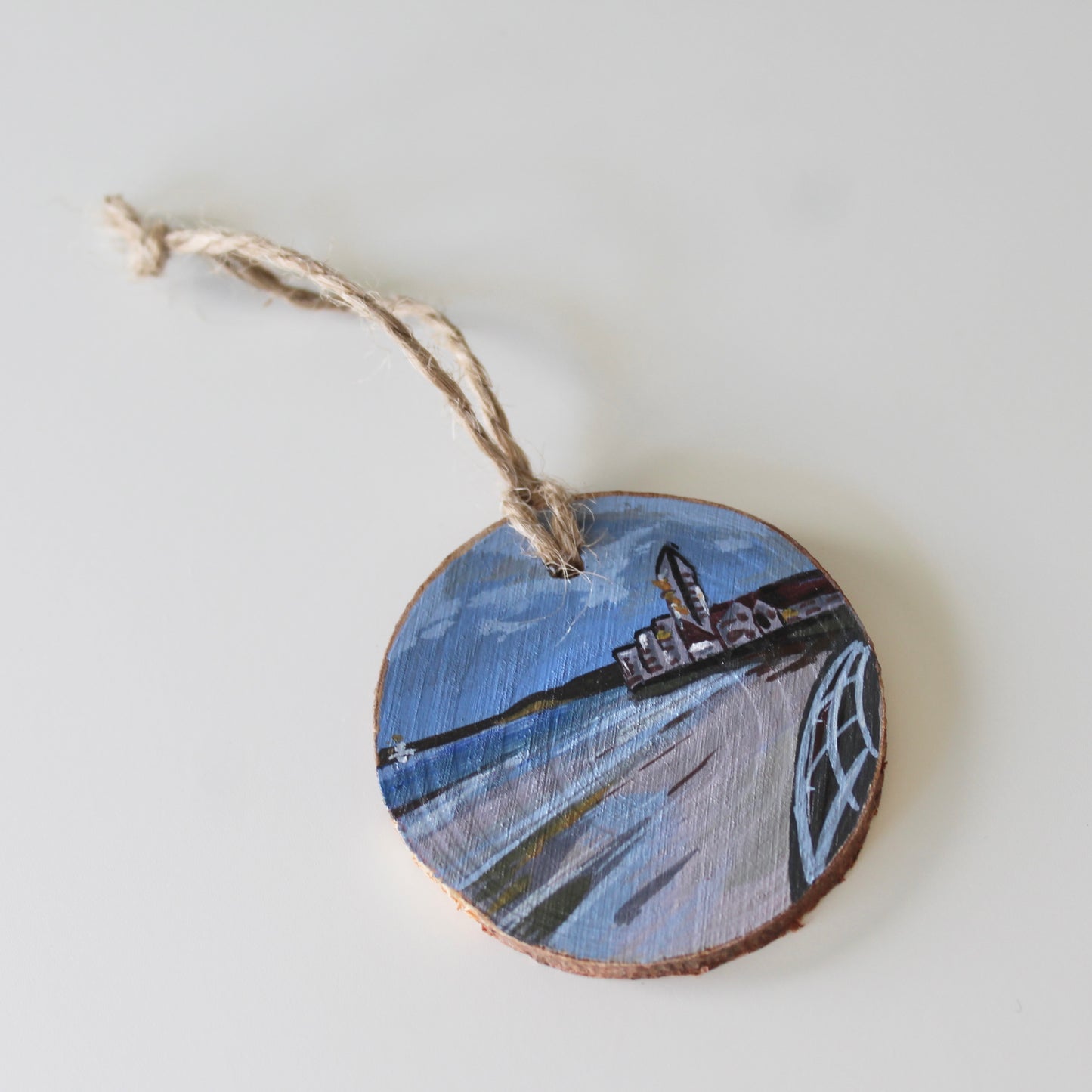 Meridian Tower on Swansea Beach, Hand-Painted Wood Slice Art, Unique Welsh Coastal Gift