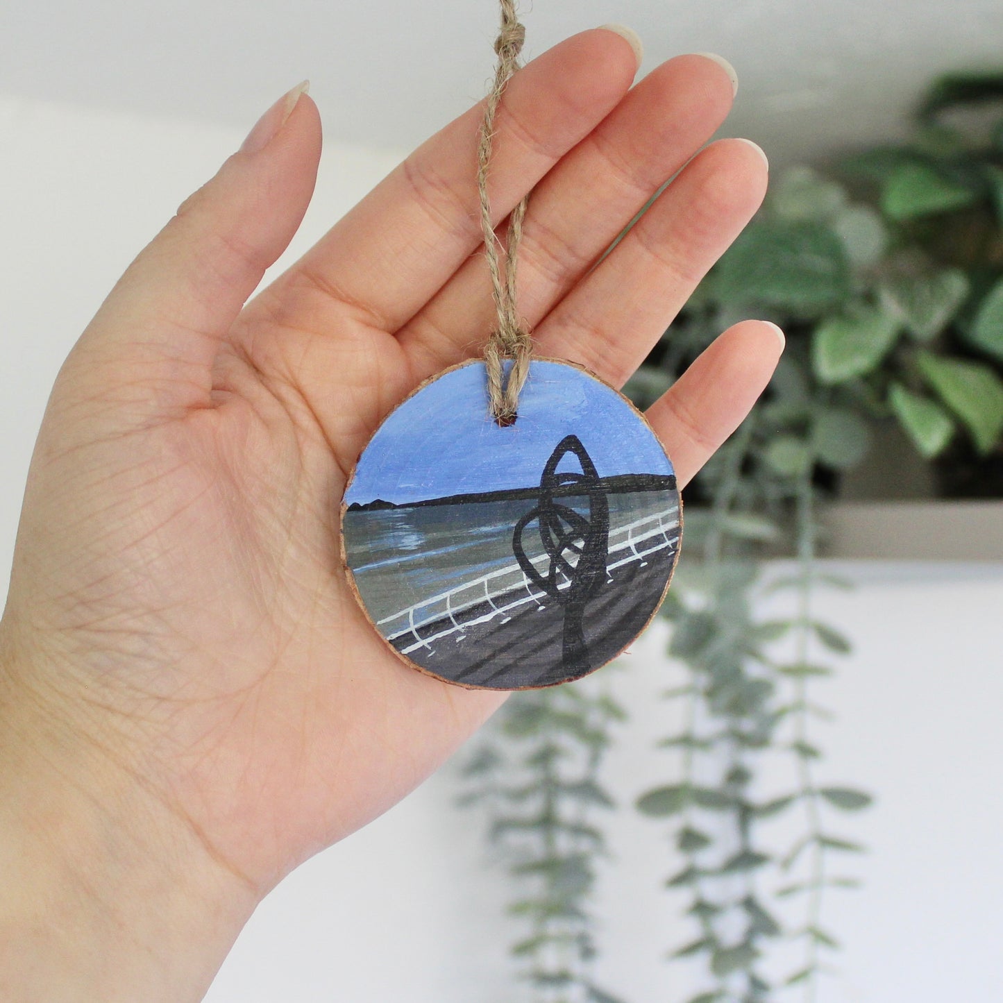 Aberavon Beach with Kite Sculpture Painting on Wood Slice, Hand-Painted Welsh Art, Unique Port Talbot Gift