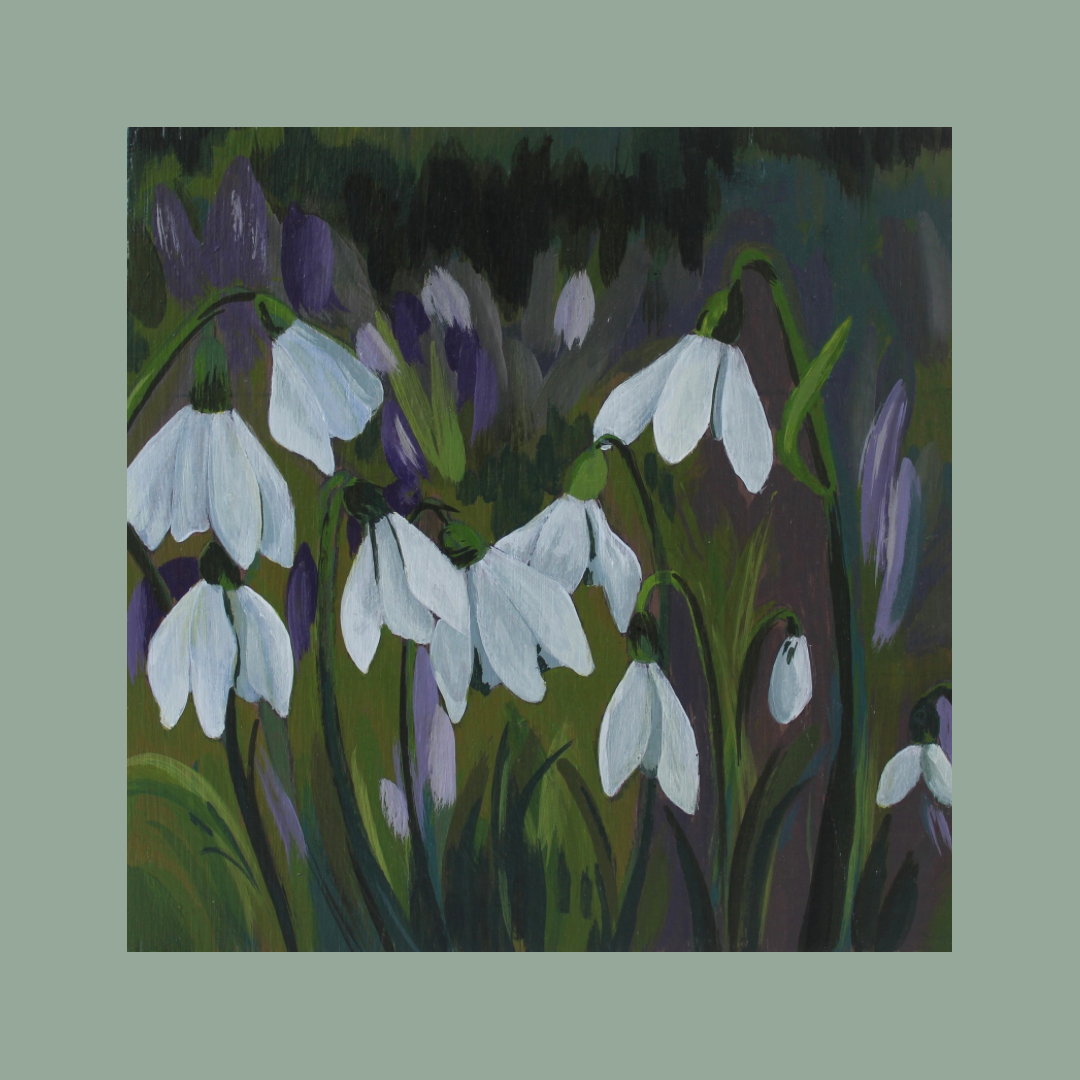 Original Welsh Art: Snowdrop Flower Field Acrylic Painting on 6x6" Wooden Panel, 13x13" White Frame