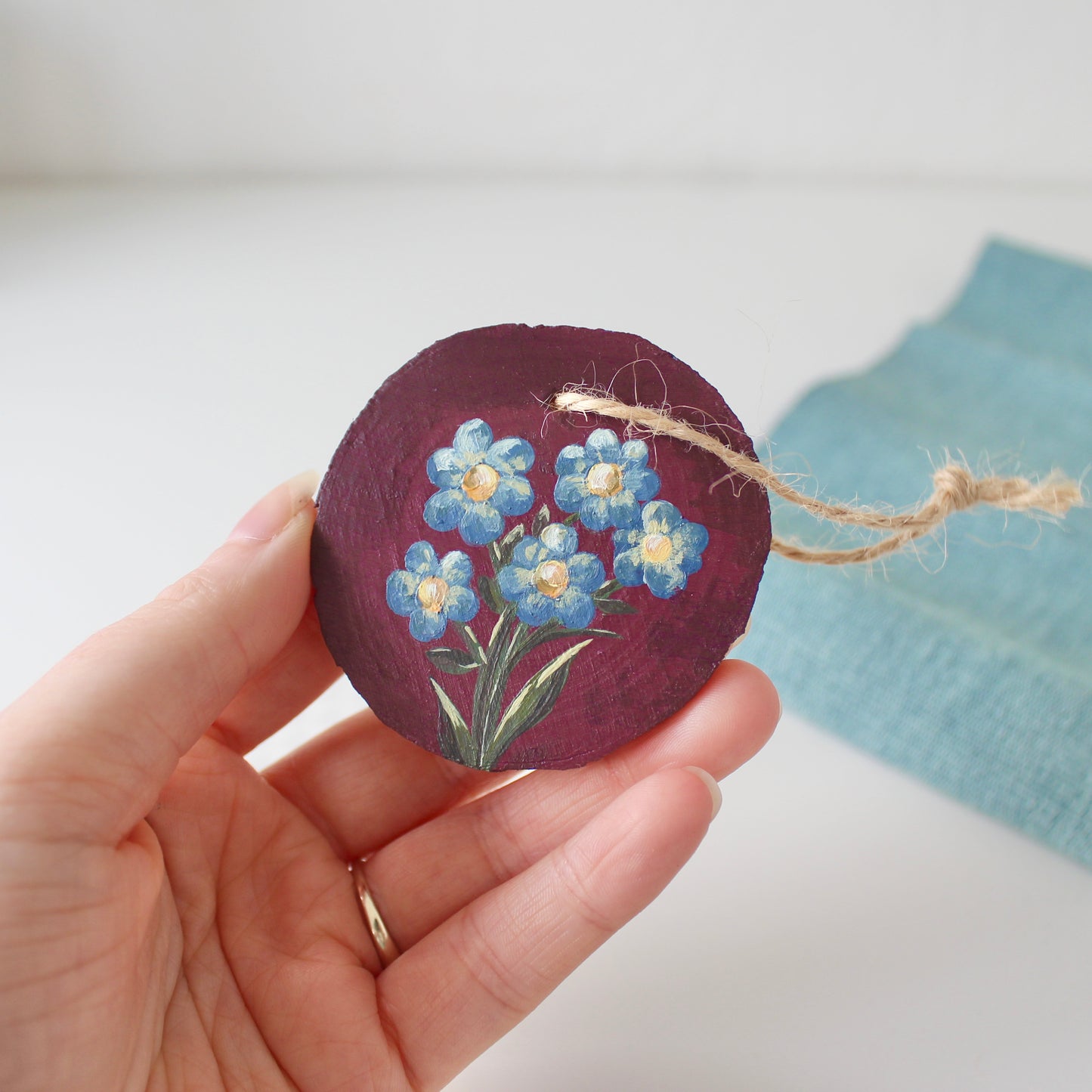 Small Wooden Forget Me Not Flowers Hanging ornament, floral wood slice painting.