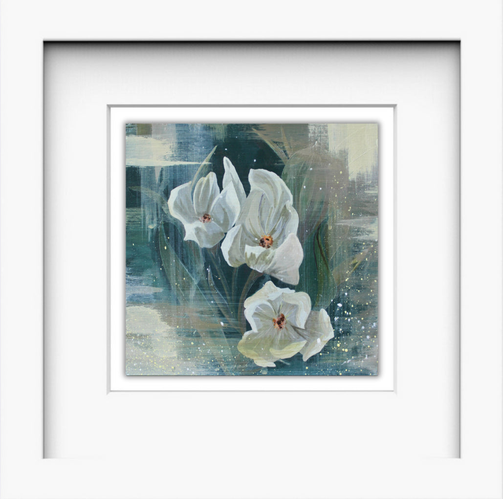 White Crocuses – Original Acrylic Painting on Wood Panel (6 x 6 in / 16 x 16 cm, Framed 13 x 13 in / 33 x 33 cm)