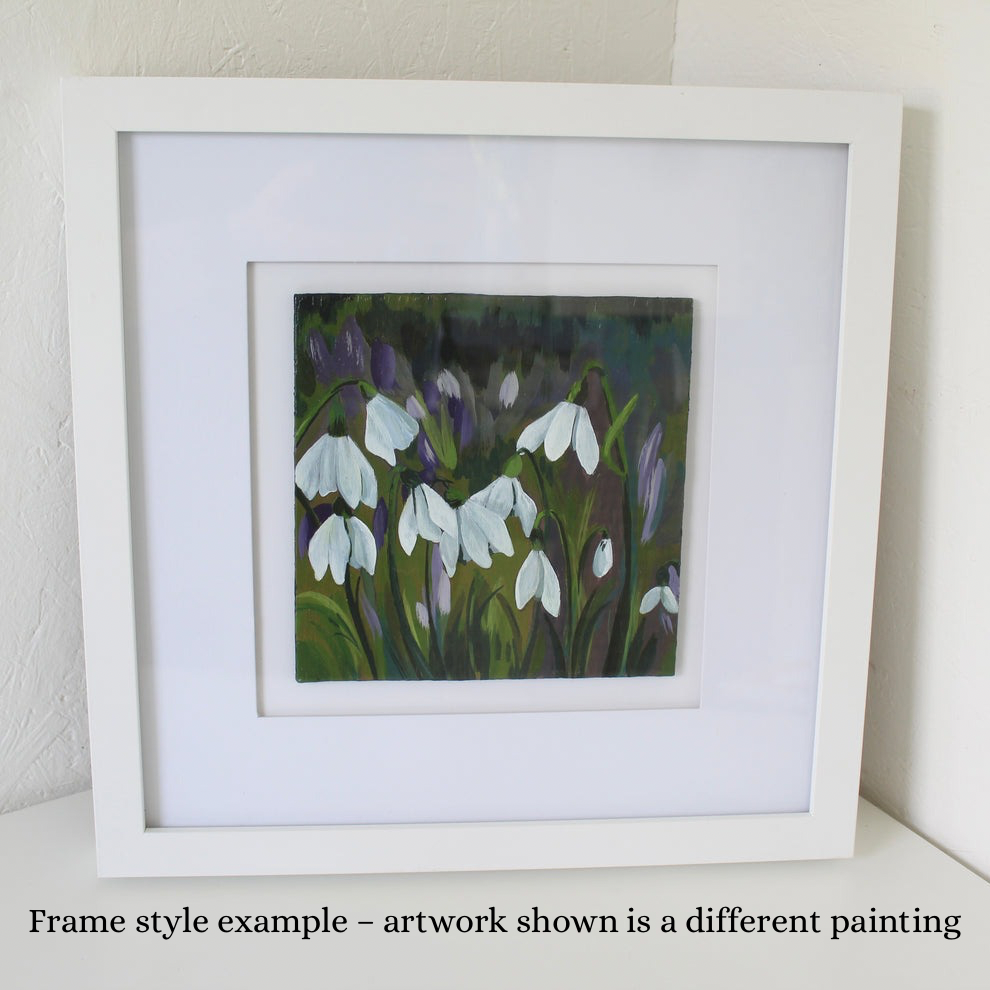 White Crocuses – Original Acrylic Painting on Wood Panel (6 x 6 in / 16 x 16 cm, Framed 13 x 13 in / 33 x 33 cm)