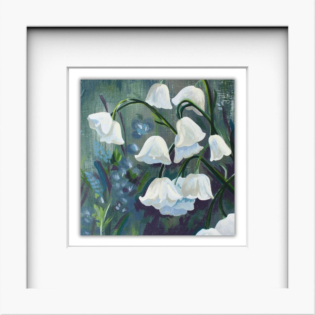 Lilly of the Valley Field - Original Welsh Acrylic Painting, Framed in White Wood, 13x13 inches