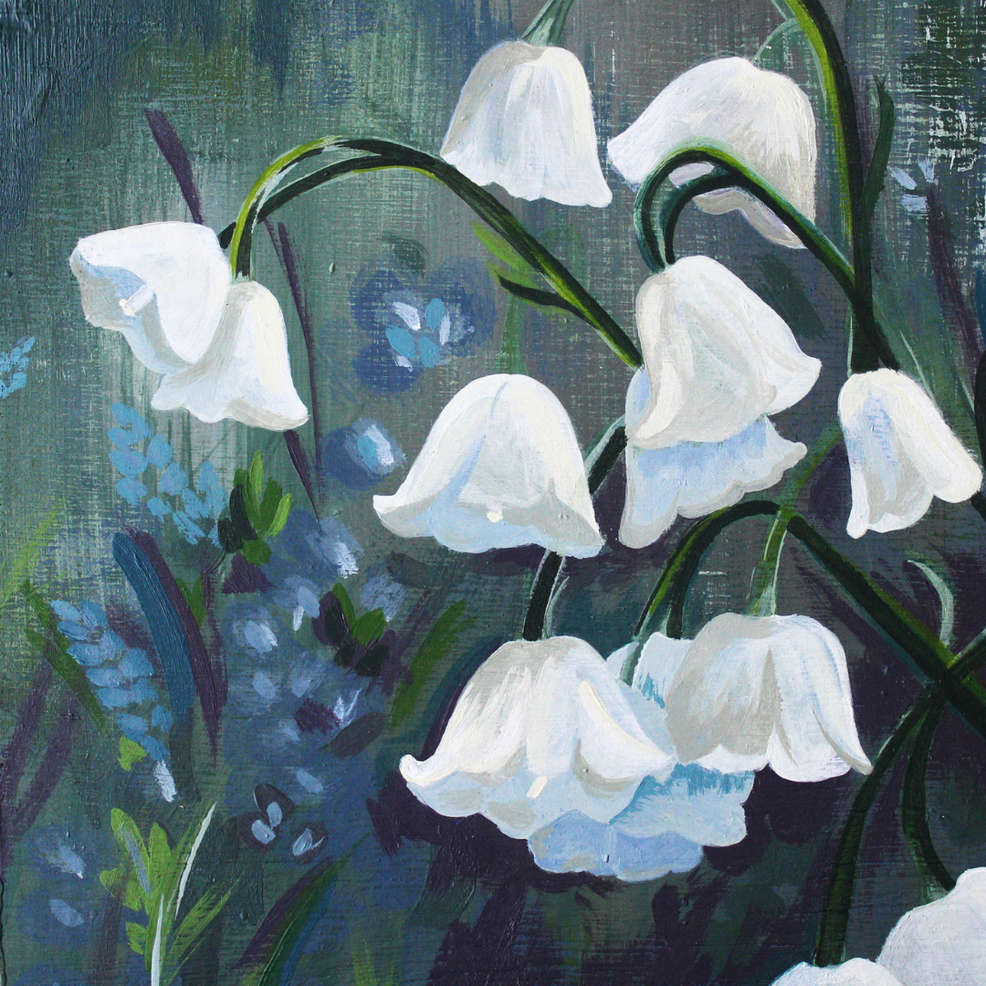 Lilly of the Valley Field - Original Welsh Acrylic Painting, Framed in White Wood, 13x13 inches